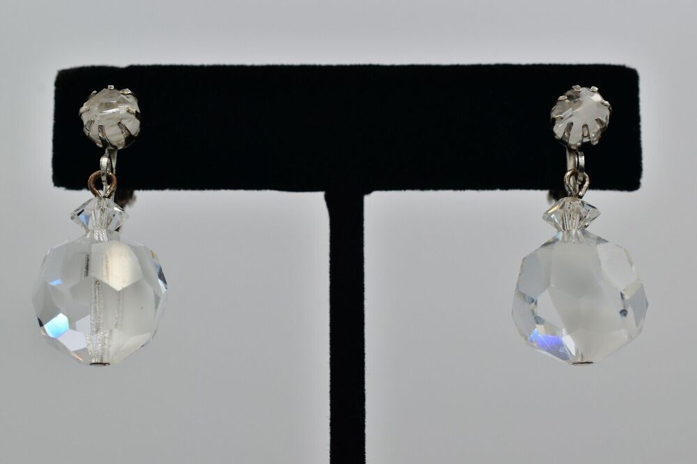 Vintage Crystal Clip On Earrings Silver Dangle Clear Ball Drop Glam 1950s A24
